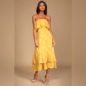 LULUS - Love You So Truly Yellow Burnout Floral Strapless Midi Dress